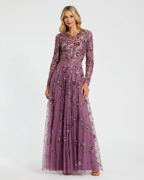 Purple Long Sleeve High Neck Beaded Gown - Mac Duggal