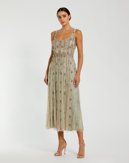 Green Embellished Mesh Sleeveless Scoop Neck Midi Dress