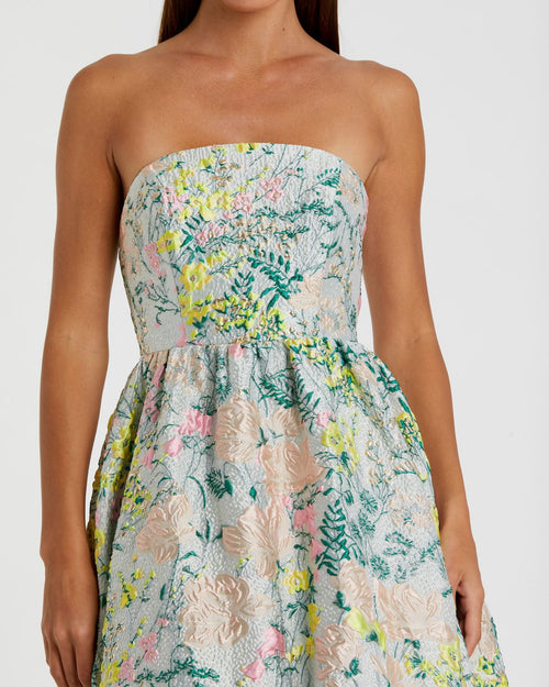 Multicolor Floral Brocade Strapless A Line Gown - Mac Duggal