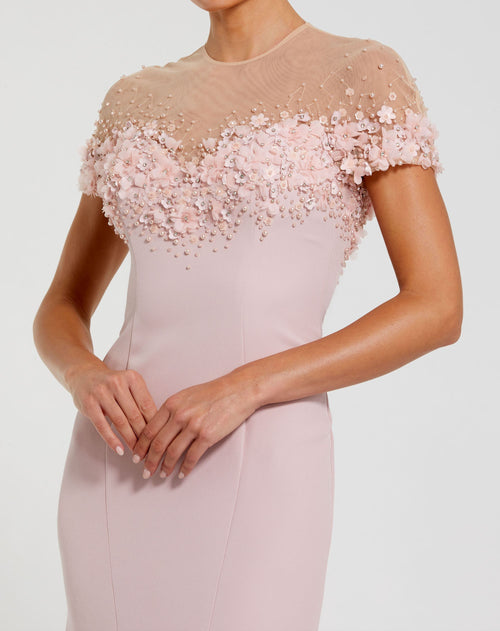 Pink Mermaid Crepe Gown With Beaded Illusion Neck - Mac Duggal