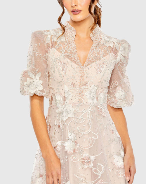 Pink Queen Anne Puff Sleeve A Line Gown - Mac Duggal