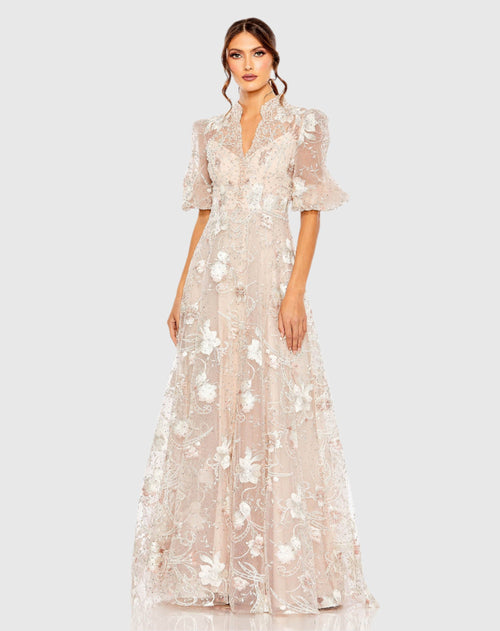 Pink Queen Anne Puff Sleeve A Line Gown