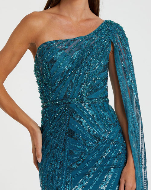 Dark Blue One Shoulder Cape Sleeve Embellished Gown - Mac Duggal