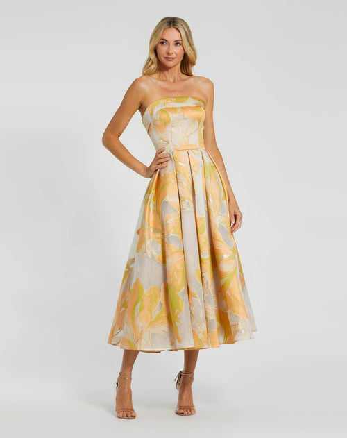 Beige and Orange Strapless Brocade Midi Dress with Pockets