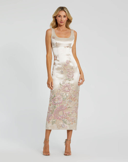 Slim Strap Scoop Neck Bustier Brocade Midi Dress - Mac Duggal