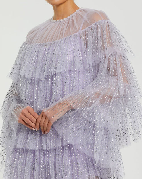 Purple High Neck Tiered Ruffle Pearl Beaded Cape Dress - Mac Duggal