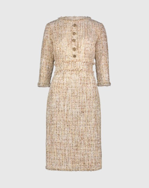 Beige 3/4 Sleeve Beaded Trim Patch Pocket Tweed Midi Dress - Mac Duggal