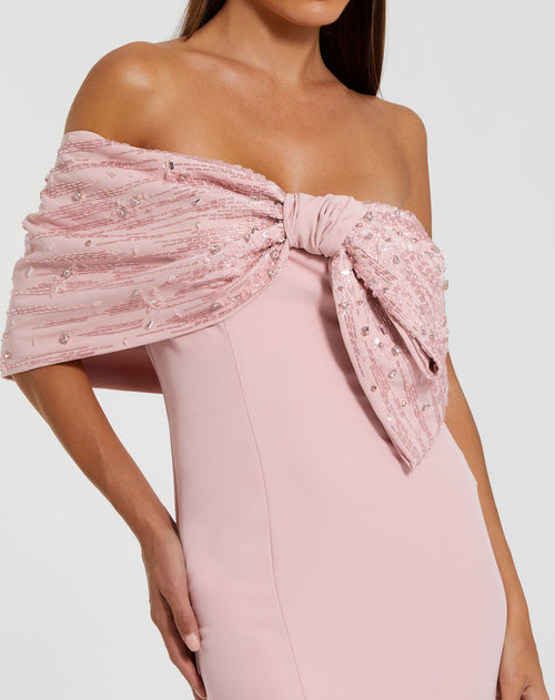 Pink Beaded Off The Shoulder Bow Satin Mermaid Gown - Mac Duggal