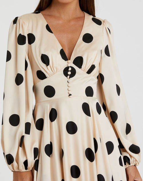Beige Polka Dot Charmeuse Long Sleeve V Neck Midi Dress - Mac Duggal