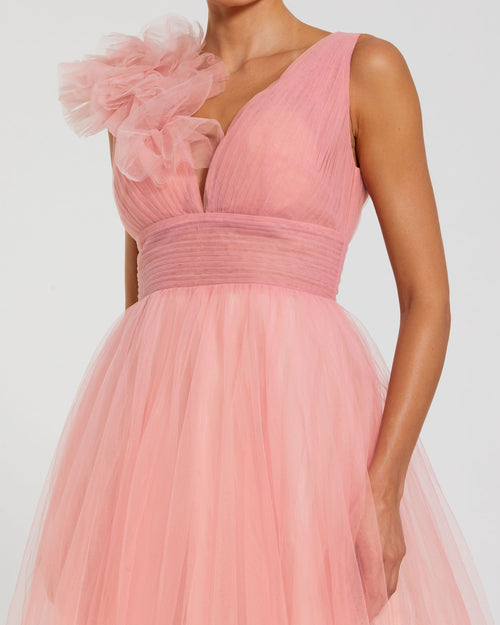 Pink Ruffle Shoulder V Neck Ombre Tulle Ballgown - Mac Duggal