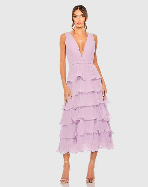 Purple Deep V Chiffon Sleeveless Ruffle Midi Dress - Mac Duggal