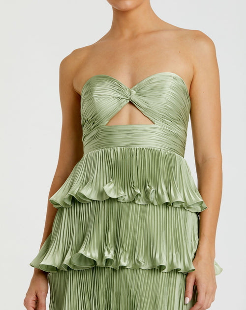 Green Pleated Charmeuse Strapless Tiered Ruffle Gown - Mac Duggal