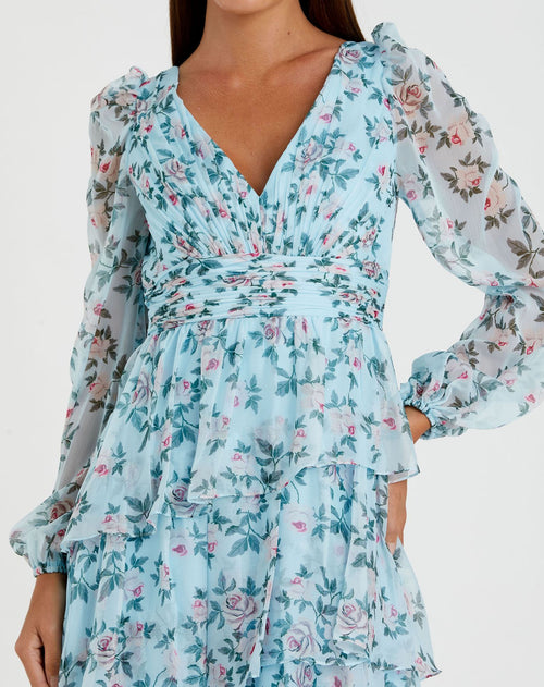 Blue Puff Sleeve Floral Printed Dress - Mac Duggal