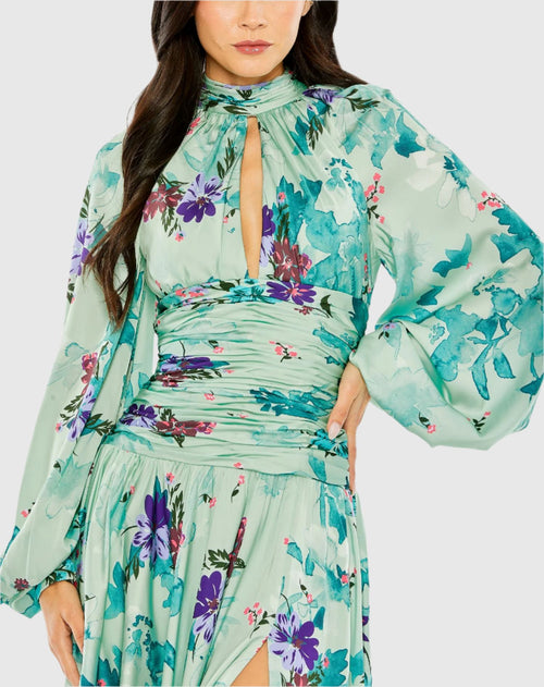 Green Keyhole Satin Long Sleeve Floral Gown - Mac Duggal