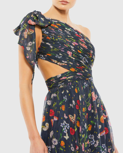 Navy Tied One Shoulder Cut-Out Flowy Gown - Mac Duggal