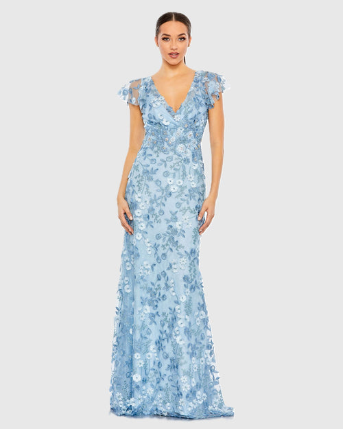 Blue Embroidered Applique Wrap Over Flutter Sleeve Gown