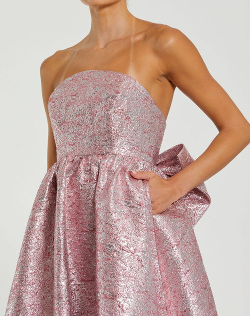 Pink Metallic Strapless Brocade Gown With Oversized Bow - Mac Duggal