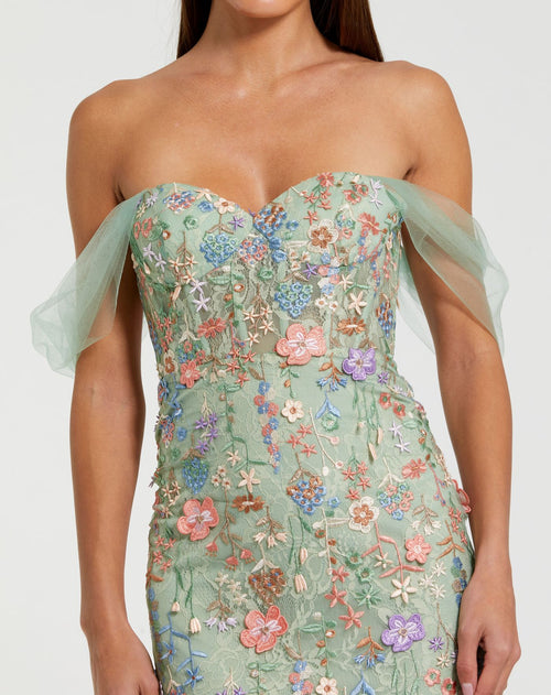 Green Off The Shoulder Bustier Embroidered Net Gown - Mac Duggal
