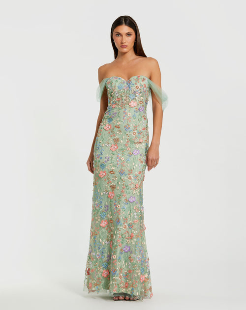 Green Off The Shoulder Bustier Embroidered Net Gown