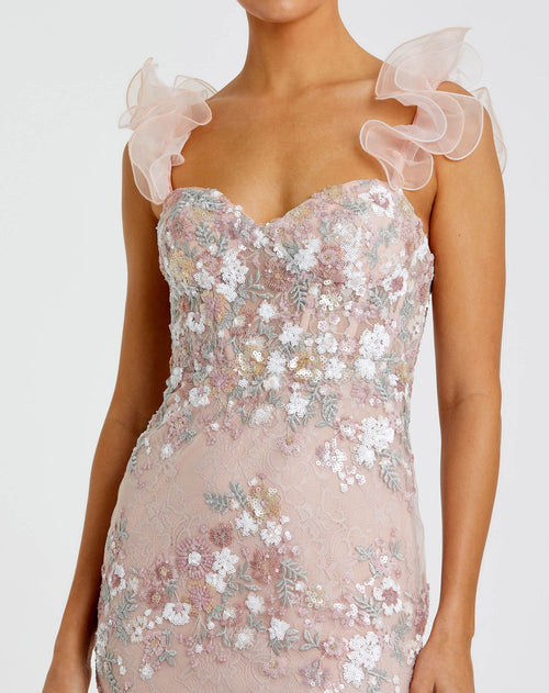 Pink Floral Embroidered Bustier Gown With Ruffle Straps - Mac Duggal