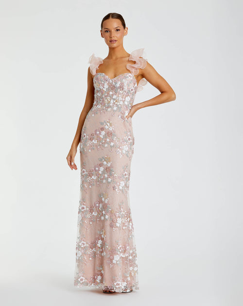 Pink Floral Embroidered Bustier Gown With Ruffle Straps - Mac Duggal