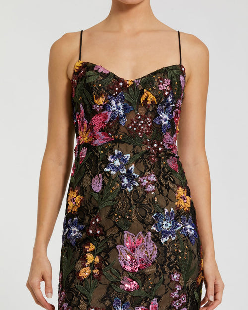 Black Spaghetti Strap Floral Embroidered Gown - Mac Duggal