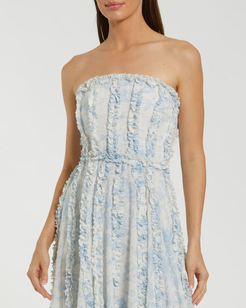 Blue Floral Cotton Ruffle Strapless Dress - Mac Duggal