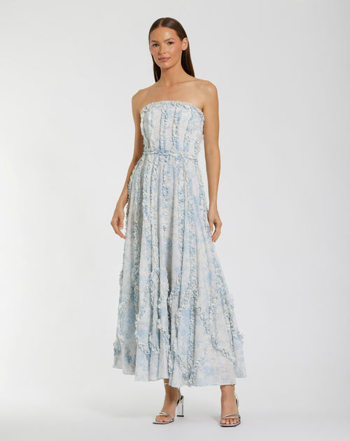 Blue Floral Cotton Ruffle Strapless Gown