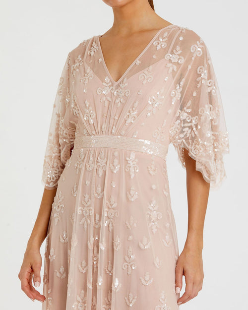 Pink V Neck Flounce Sleeve Embellished Mesh Gown - Mac Duggal