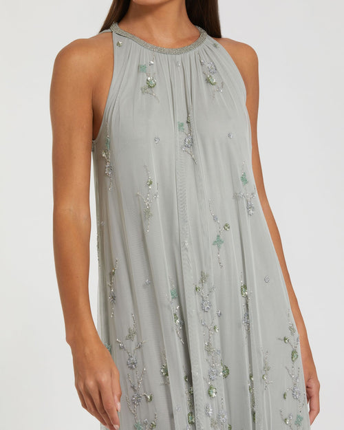 Green High Neck Floral Embellished Mesh Trapeze Gown - Mac Duggal