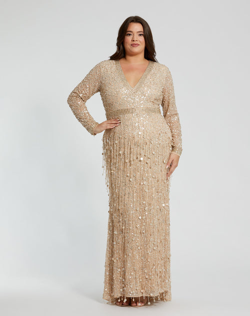 Embellished Fringe Long Sleeve Gown - Mac Duggal