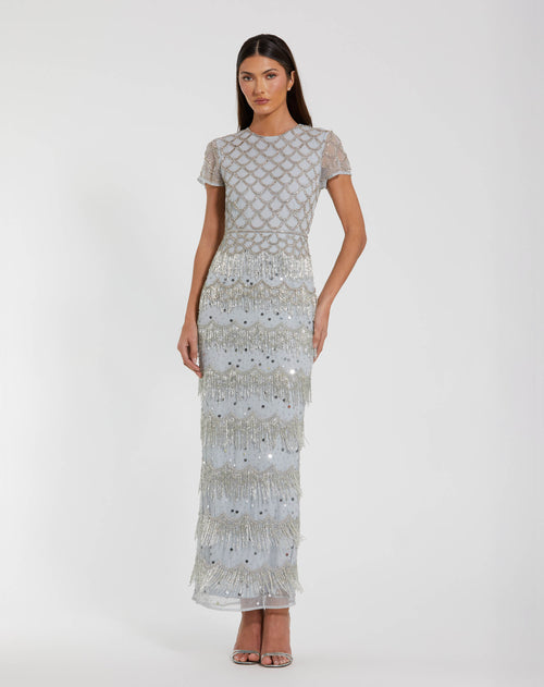 Blue Fringe Embellished Mesh Short Sleeve Ankle Dress