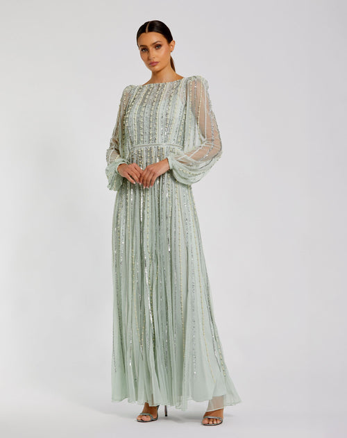 Green Boat Neck Long Sleeve Gown With Striped Beading
