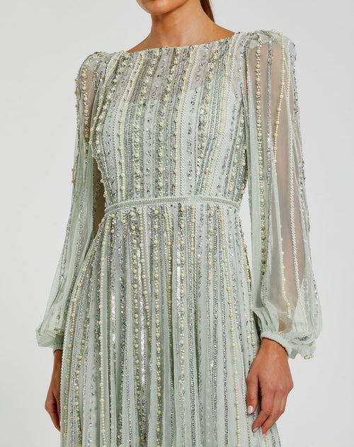 Green Boat Neck Long Sleeve Gown With Striped Beading - Mac Duggal