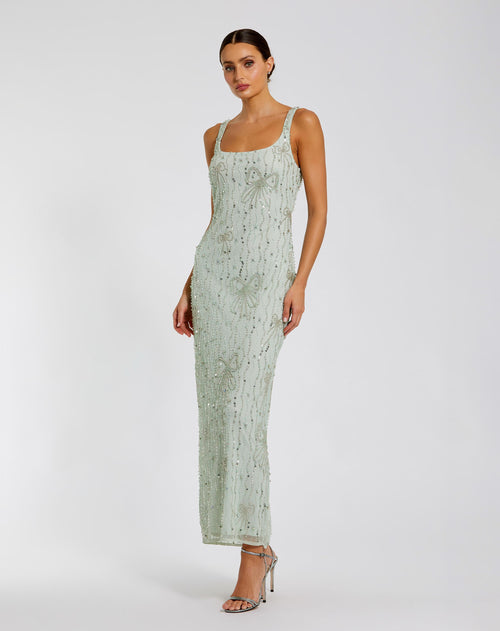 Green Beaded Mesh Scoop Neck Fitted Gown With Bows