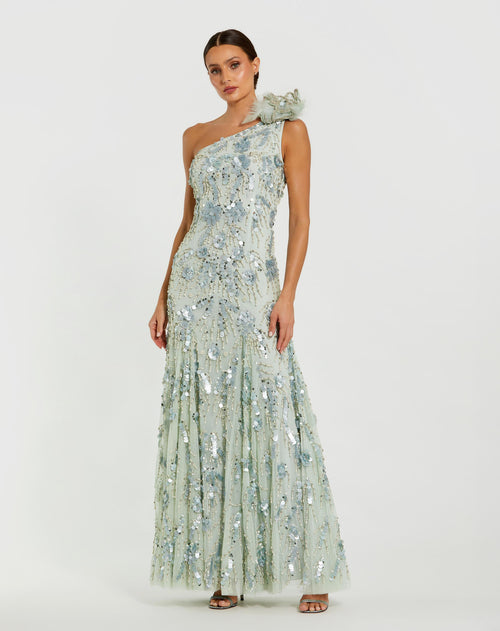 Green Beaded Mesh One Shoulder Trumpet Gown With Flower - Mac Duggal