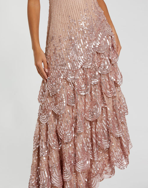 Pink Asymmetrical Scallop Hem Embellished Gown - Mac Duggal