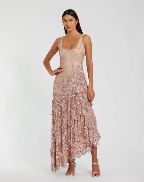Pink Asymmetrical Scallop Hem Embellished Gown