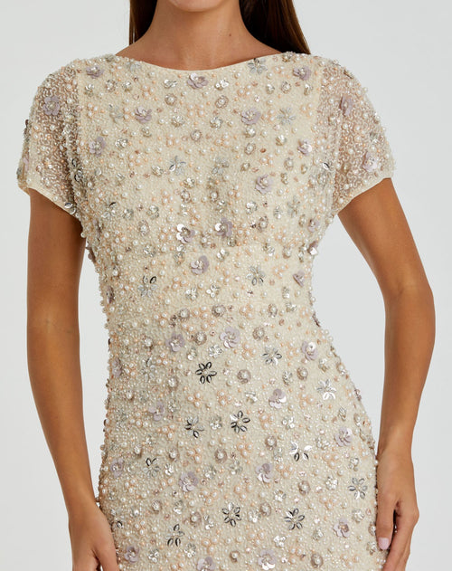Ivory Floral Embellished Mesh Fitted Blouson Gown - Mac Duggal