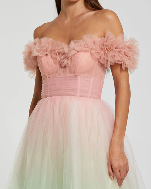 Multicolor Off The Shoulder Ombre Tulle Ballgown Mac Duggal