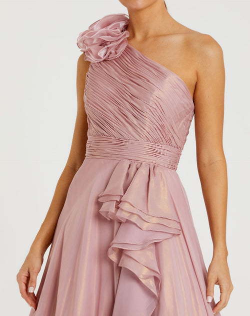 Pink Iridescent One Shoulder Rosette Ball Gown Mac Duggal