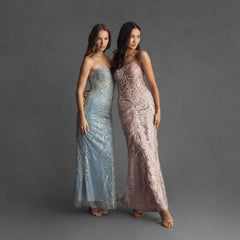 Strapless beaded light blue gown and pink beaded strapless prom dress
